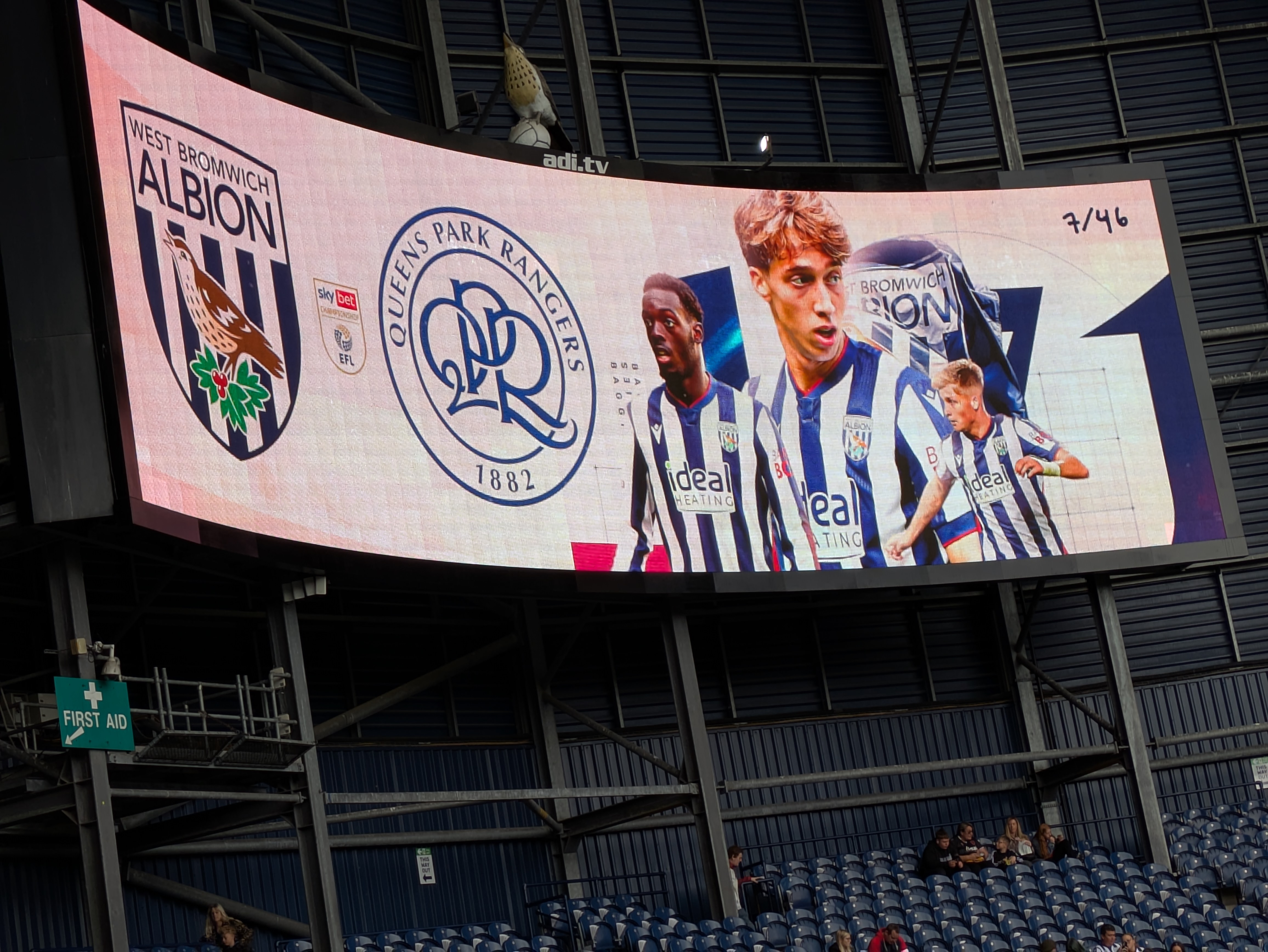 West Brom versus QPR line-ups on the big screen at The Hawthorns